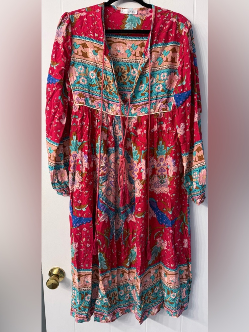 Red Floral Boho Maxi Dress with Tassel Tie Medium 8/10 - Picture 3 of 4